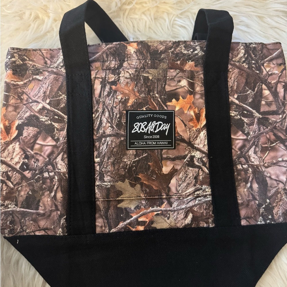 Woodland Camo Canvas Tote with Black Trim and White Script 808 All Day - Picture 3 of 5